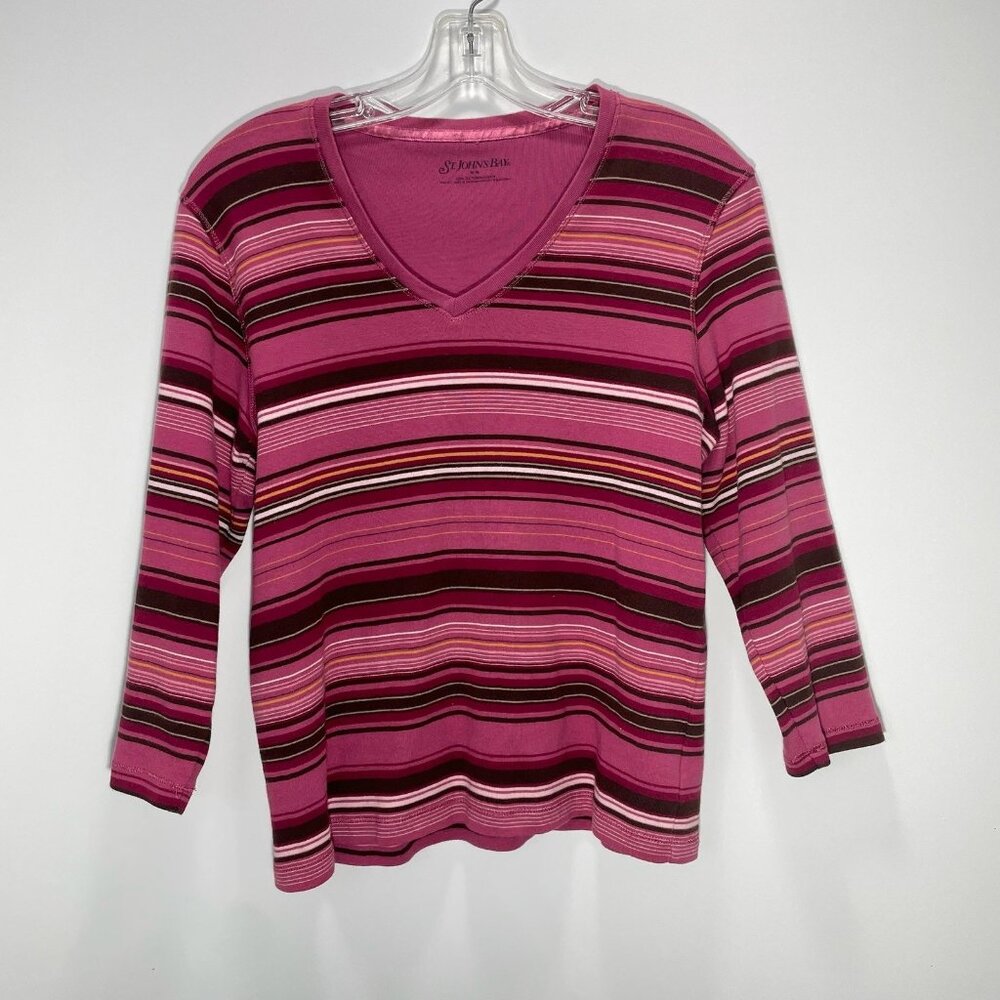 St John's Bay 3/4 Length Sleeve Stipe Relaxed Fit Sweater Top Women's V-Neck Y2K